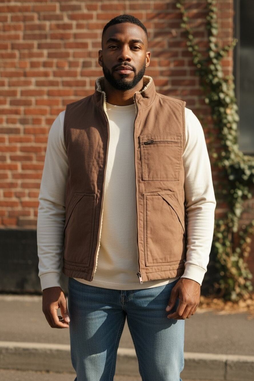 Lee Men's Size Large Sherpa Lined Canvas Workwear Vest Brown Full Zip